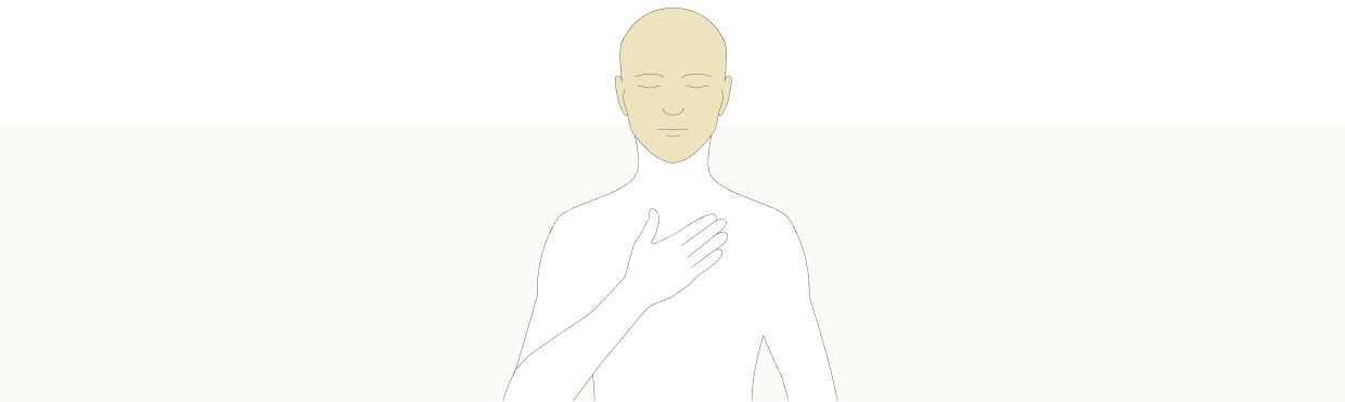 Line drawing of a person with their hand on their chest, with their face higlighted