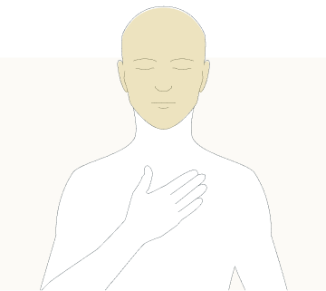 Line drawing of a person with their hand on their chest, with their face higlighted