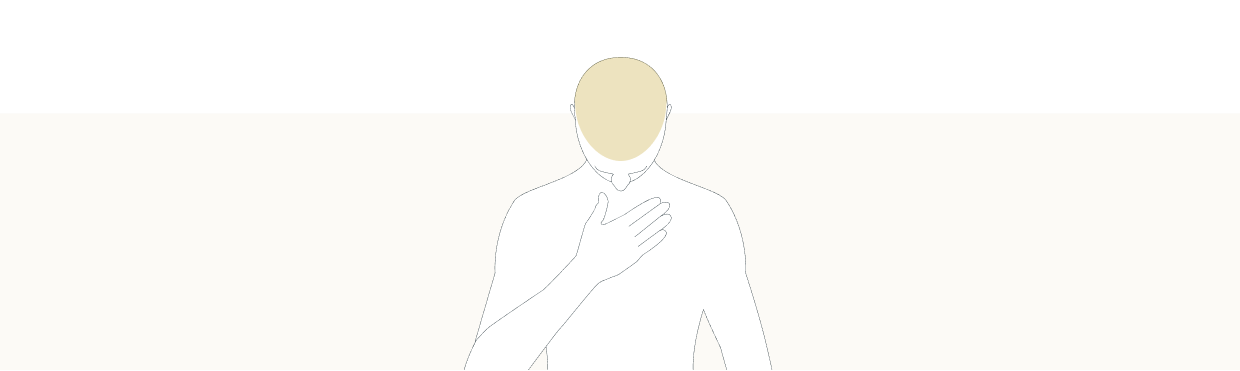 Line drawing of a person with their hand on their chest and head looking downwards, with their scalp higlighted