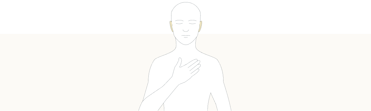 Line drawing of a person with their hand on their chest, with their ears higlighted