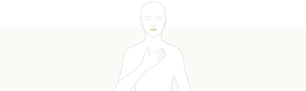Line drawing of a person with their hand on their chest, with their lips higlighted