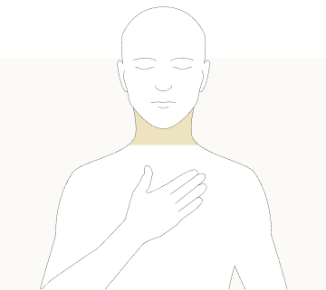 Line drawing of a person with their hand on their chest, with their neck higlighted