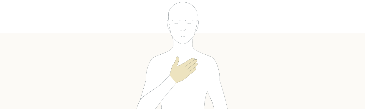 Line drawing of a person with their hand on their chest, with their hands higlighted